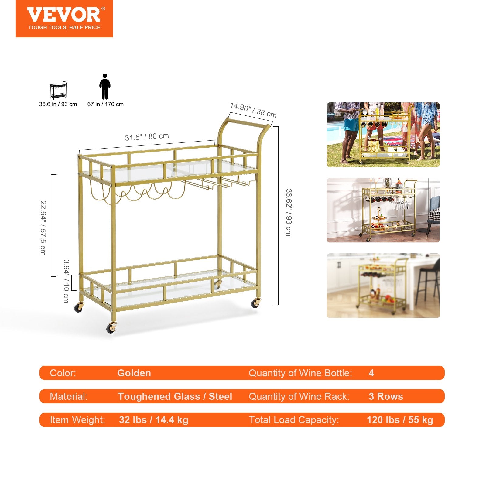 2 Tiers Gold Metal Bar Serving Cart with Wine Rack Glass Holder 120 LBS V952-BLFWCCB15X315AFJYV0