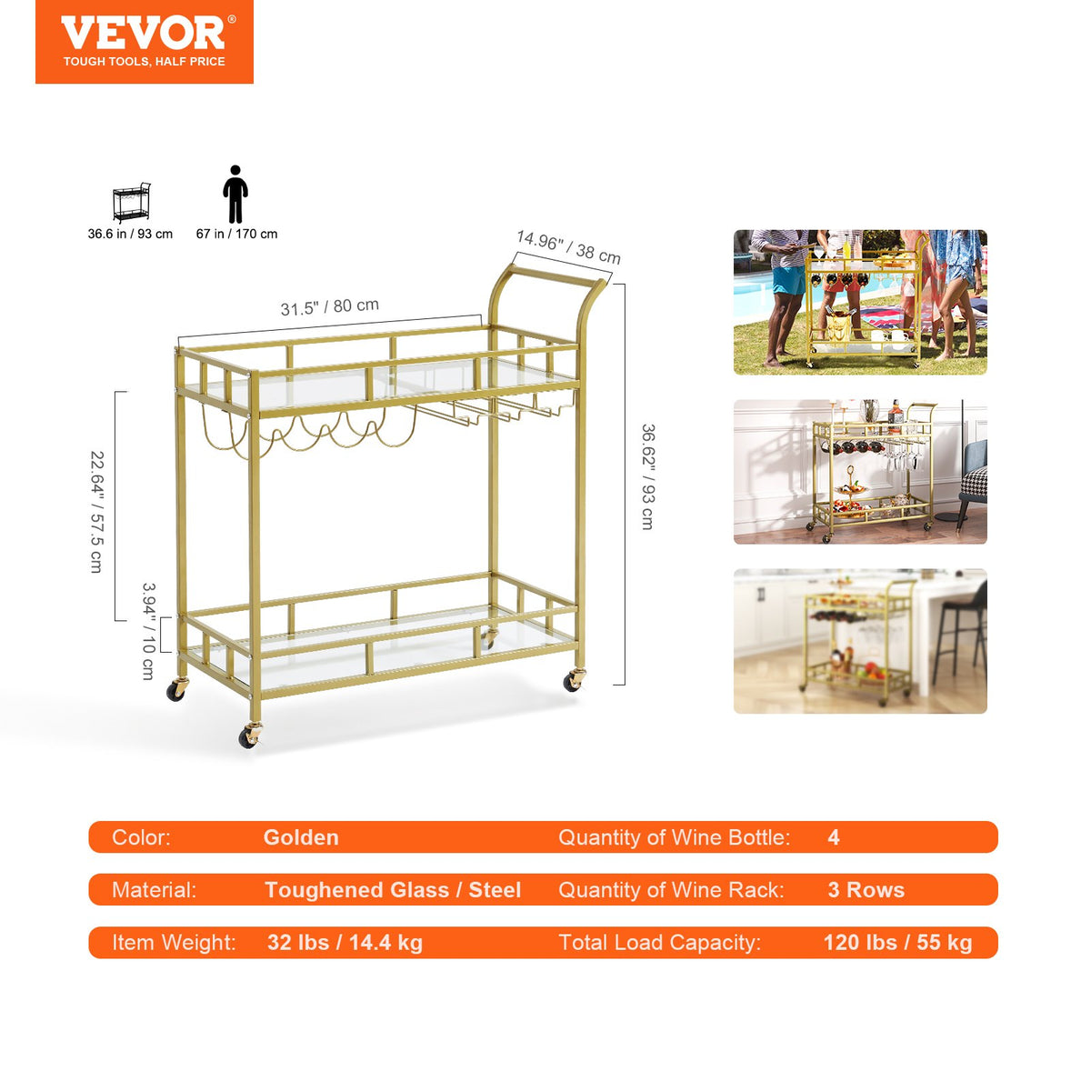 2 Tiers Gold Metal Bar Serving Cart with Wine Rack Glass Holder 120 LBS V952-BLFWCCB15X315AFJYV0