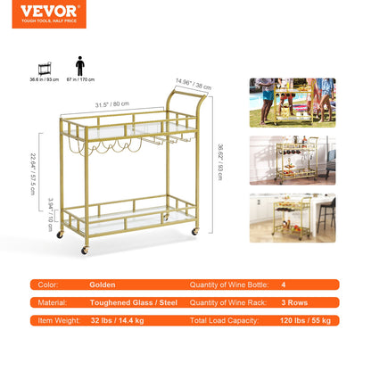 2 Tiers Gold Metal Bar Serving Cart with Wine Rack Glass Holder 120 LBS V952-BLFWCCB15X315AFJYV0