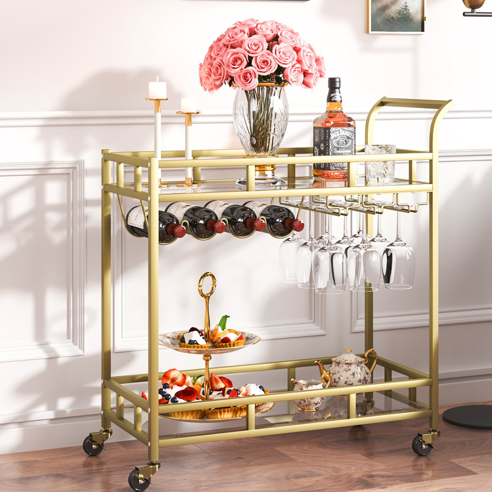 2 Tiers Gold Metal Bar Serving Cart with Wine Rack Glass Holder 120 LBS V952-BLFWCCB15X315AFJYV0