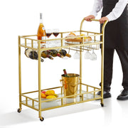 2 Tiers Gold Metal Bar Serving Cart with Wine Rack Glass Holder 120 LBS V952-BLFWCCB15X315AFJYV0