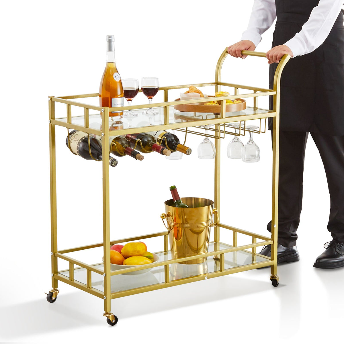 2 Tiers Gold Metal Bar Serving Cart with Wine Rack Glass Holder 120 LBS V952-BLFWCCB15X315AFJYV0