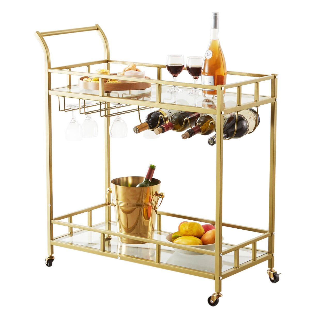 2 Tiers Gold Metal Bar Serving Cart with Wine Rack Glass Holder 120 LBS V952-BLFWCCB15X315AFJYV0