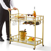 2 Tiers Gold Metal Bar Serving Cart with Wine Rack Glass Holder 120 LBS V952-BLFWCCB15X315AFJYV0