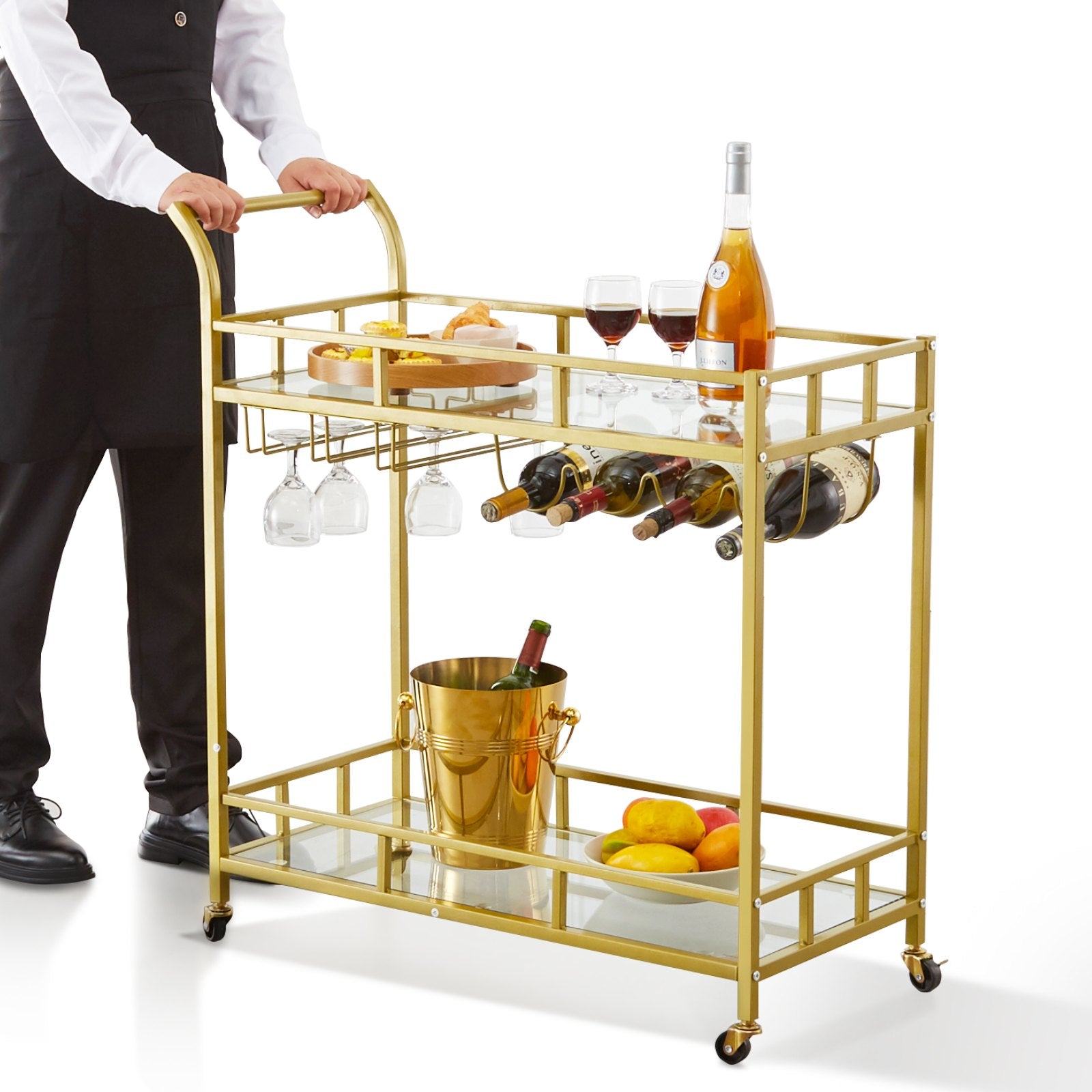 2 Tiers Gold Metal Bar Serving Cart with Wine Rack Glass Holder 120 LBS V952-BLFWCCB15X315AFJYV0
