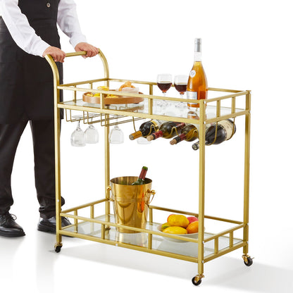2 Tiers Gold Metal Bar Serving Cart with Wine Rack Glass Holder 120 LBS V952-BLFWCCB15X315AFJYV0