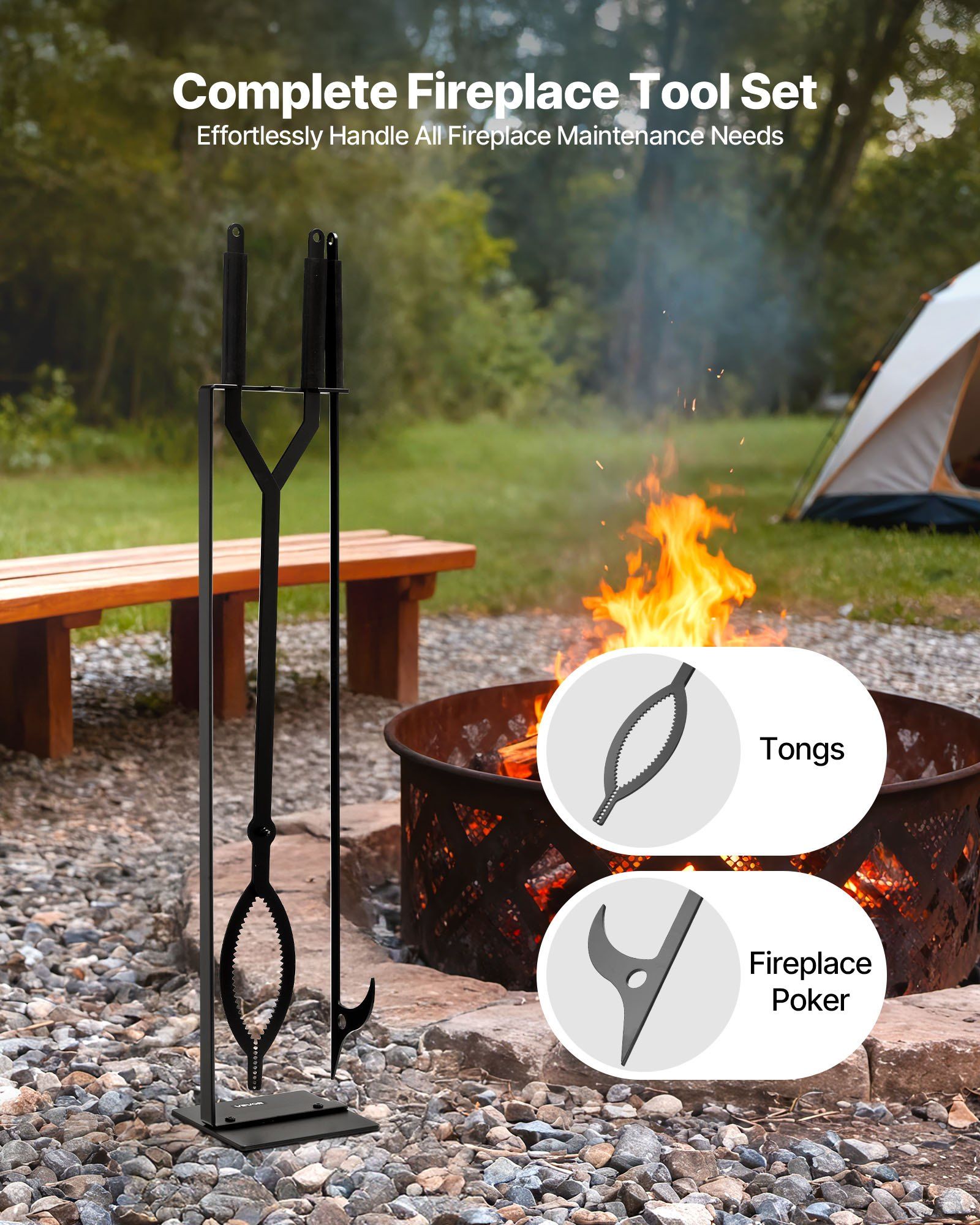 Fireplace Tool Set, 3 PCS Fire Tool Set and Holder with Stand, Tongs, Fire Place Poker, Wrought Iron V952-BLGJTJ3JTCXGS1KU6001V0