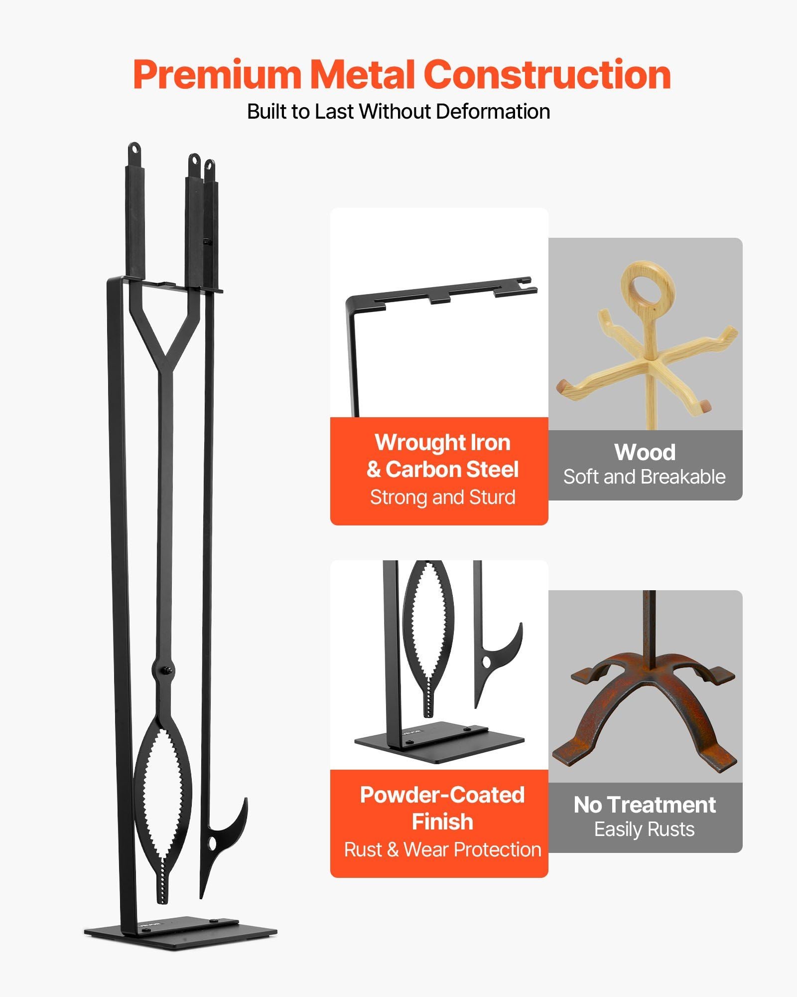 Fireplace Tool Set, 3 PCS Fire Tool Set and Holder with Stand, Tongs, Fire Place Poker, Wrought Iron V952-BLGJTJ3JTCXGS1KU6001V0