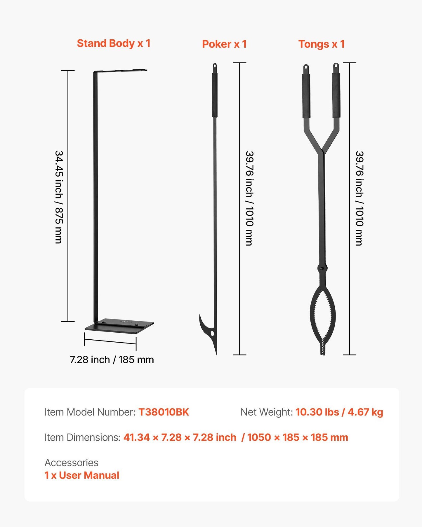 Fireplace Tool Set, 3 PCS Fire Tool Set and Holder with Stand, Tongs, Fire Place Poker, Wrought Iron V952-BLGJTJ3JTCXGS1KU6001V0
