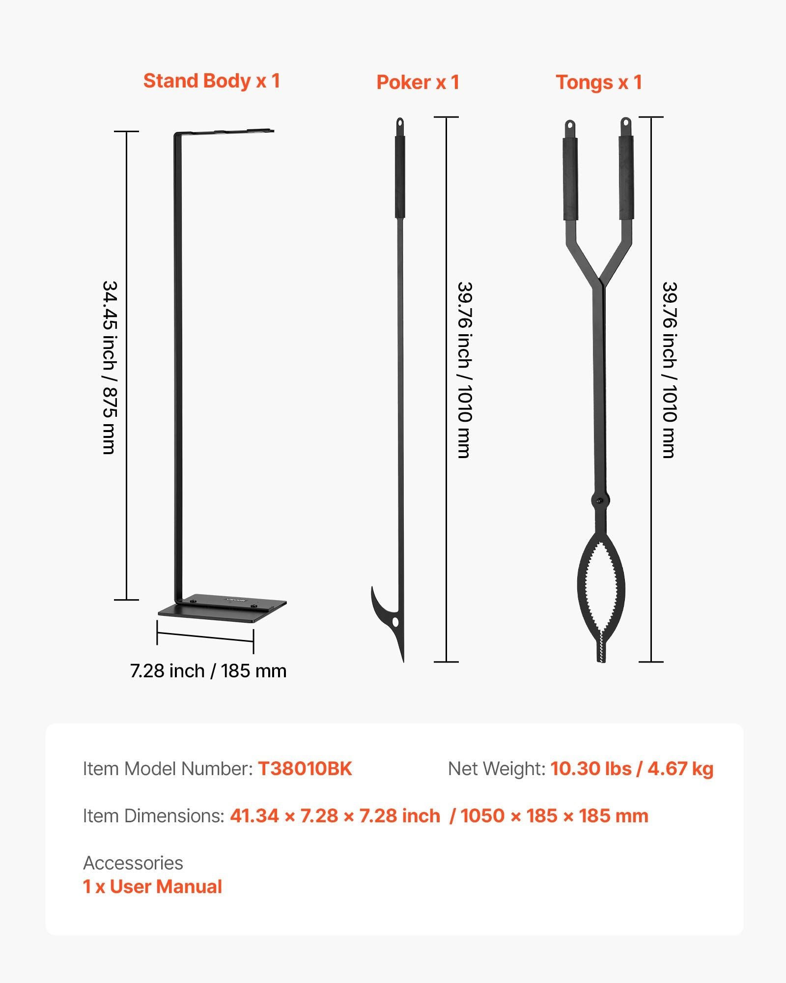 Fireplace Tool Set, 3 PCS Fire Tool Set and Holder with Stand, Tongs, Fire Place Poker, Wrought Iron V952-BLGJTJ3JTCXGS1KU6001V0