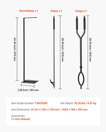 Fireplace Tool Set, 3 PCS Fire Tool Set and Holder with Stand, Tongs, Fire Place Poker, Wrought Iron V952-BLGJTJ3JTCXGS1KU6001V0