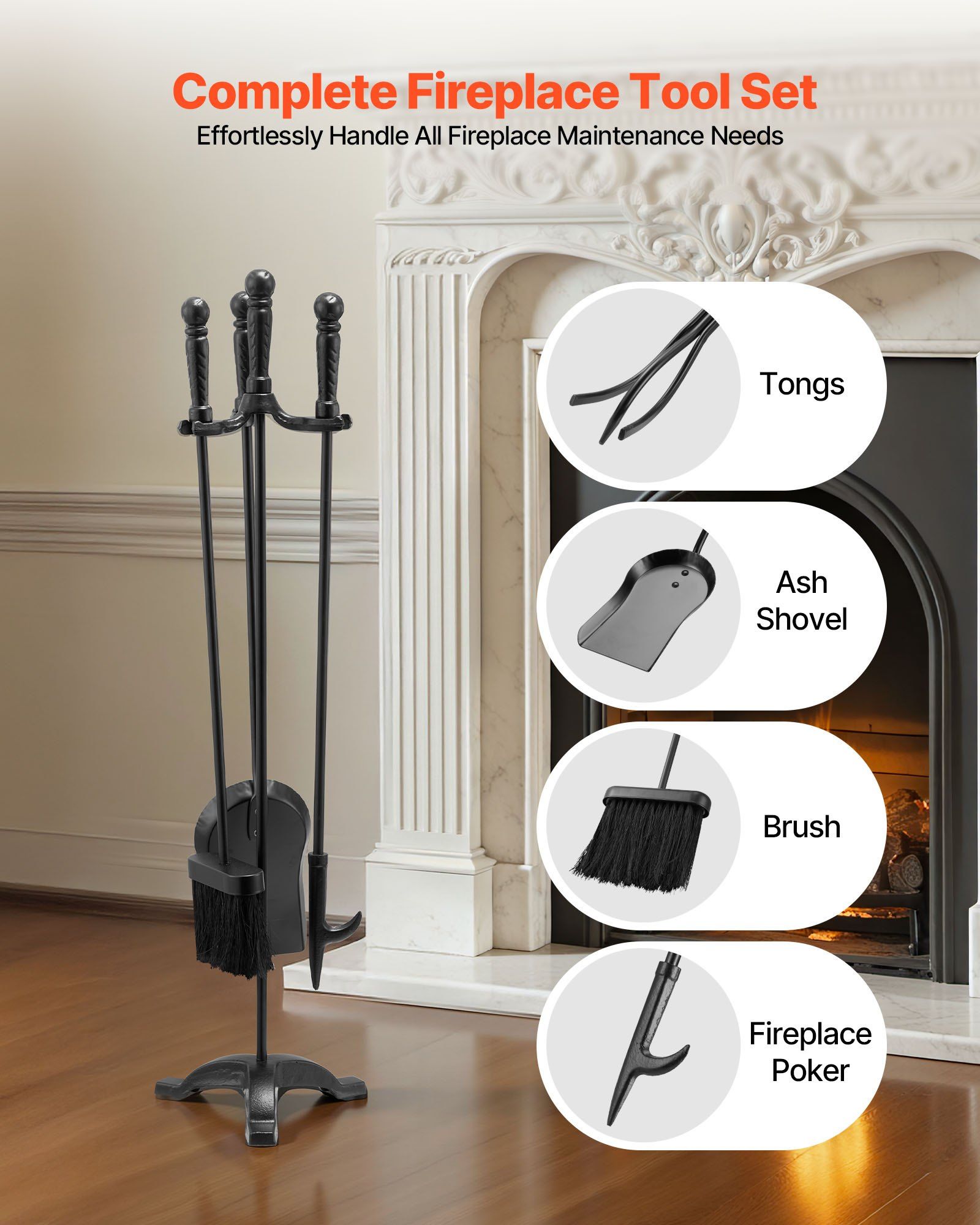 Fireplace Tool Set, 4 PCS Fire Tool Set and Holder with Three-Prong Stand, Ash Shovel, Brush, Fire Place V952-BLGJTJ4JTSZGOB6QI001V0