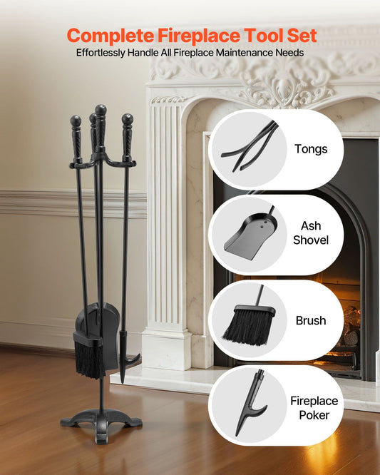 Fireplace Tool Set, 4 PCS Fire Tool Set and Holder with Three-Prong Stand, Ash Shovel, Brush, Fire Place V952-BLGJTJ4JTSZGOB6QI001V0
