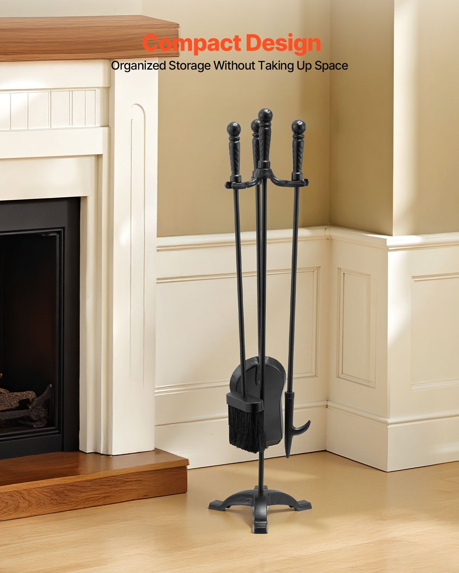 Fireplace Tool Set, 4 PCS Fire Tool Set and Holder with Three-Prong Stand, Ash Shovel, Brush, Fire Place V952-BLGJTJ4JTSZGOB6QI001V0