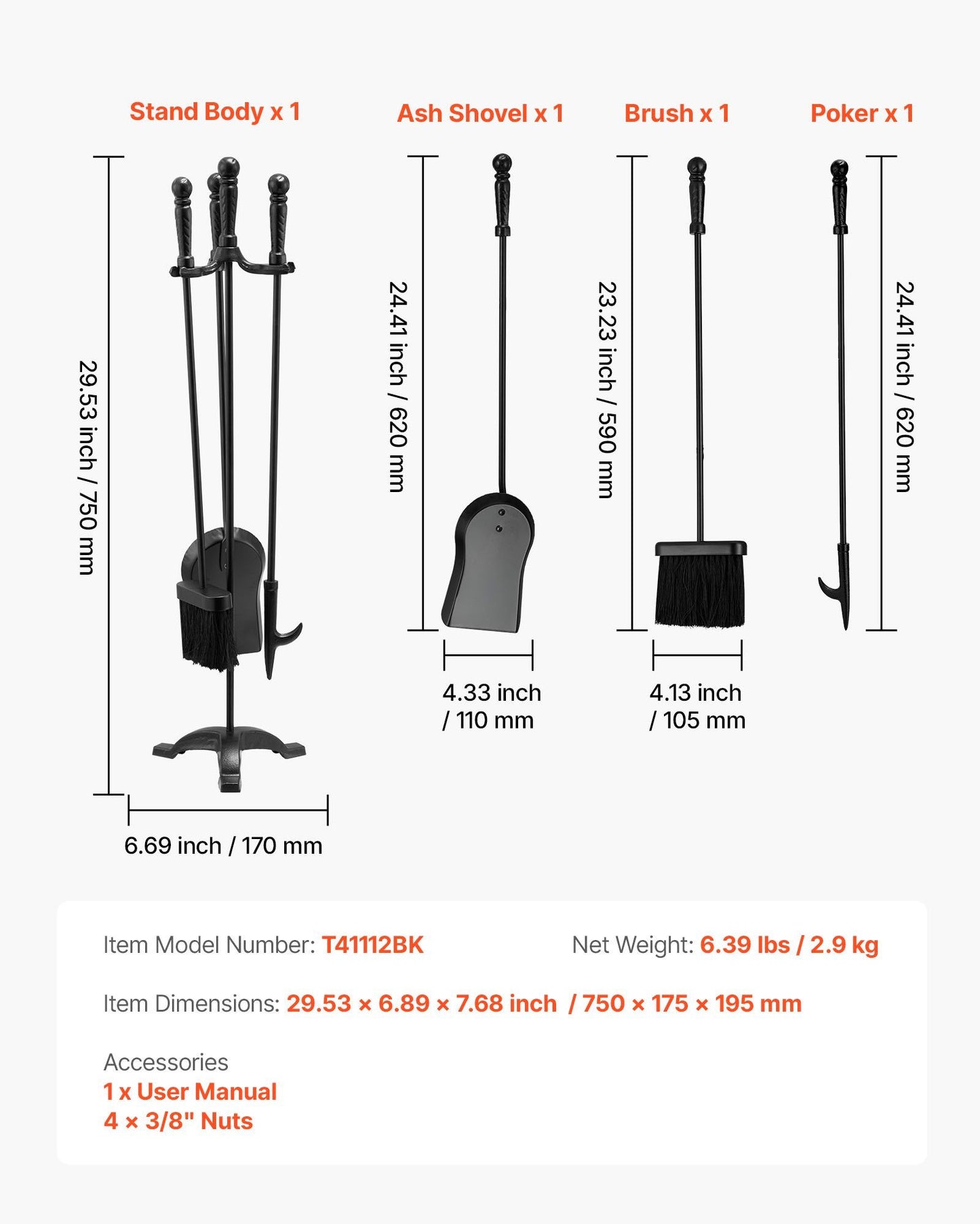 Fireplace Tool Set, 4 PCS Fire Tool Set and Holder with Three-Prong Stand, Ash Shovel, Brush, Fire Place V952-BLGJTJ4JTSZGOB6QI001V0