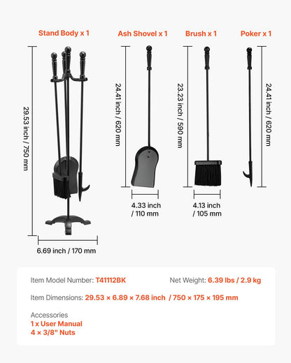 Fireplace Tool Set, 4 PCS Fire Tool Set and Holder with Three-Prong Stand, Ash Shovel, Brush, Fire Place V952-BLGJTJ4JTSZGOB6QI001V0
