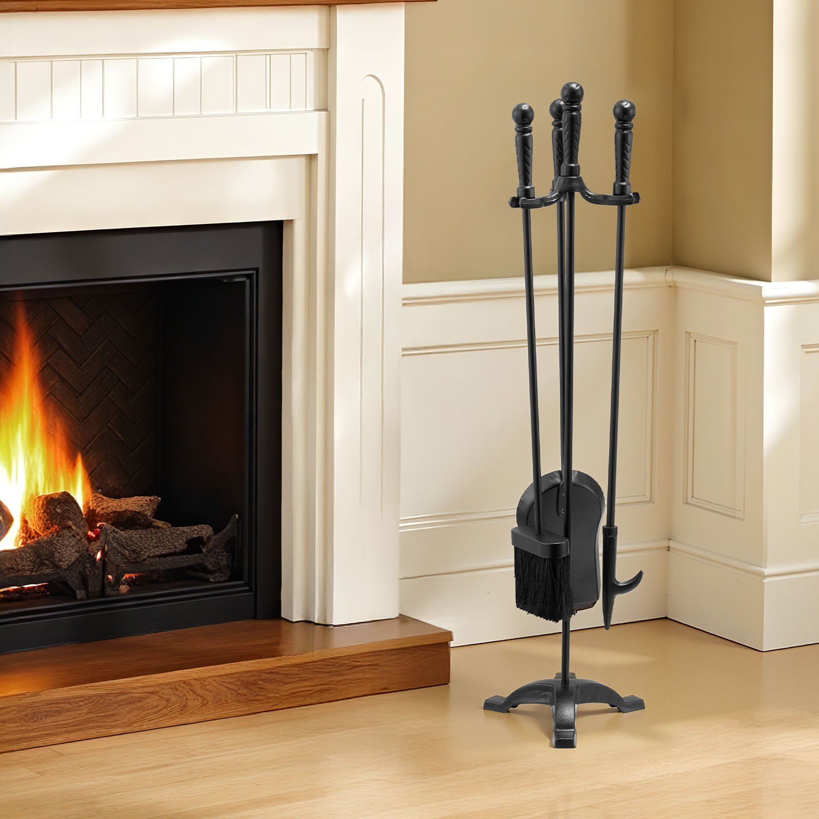 Fireplace Tool Set, 4 PCS Fire Tool Set and Holder with Three-Prong Stand, Ash Shovel, Brush, Fire Place V952-BLGJTJ4JTSZGOB6QI001V0