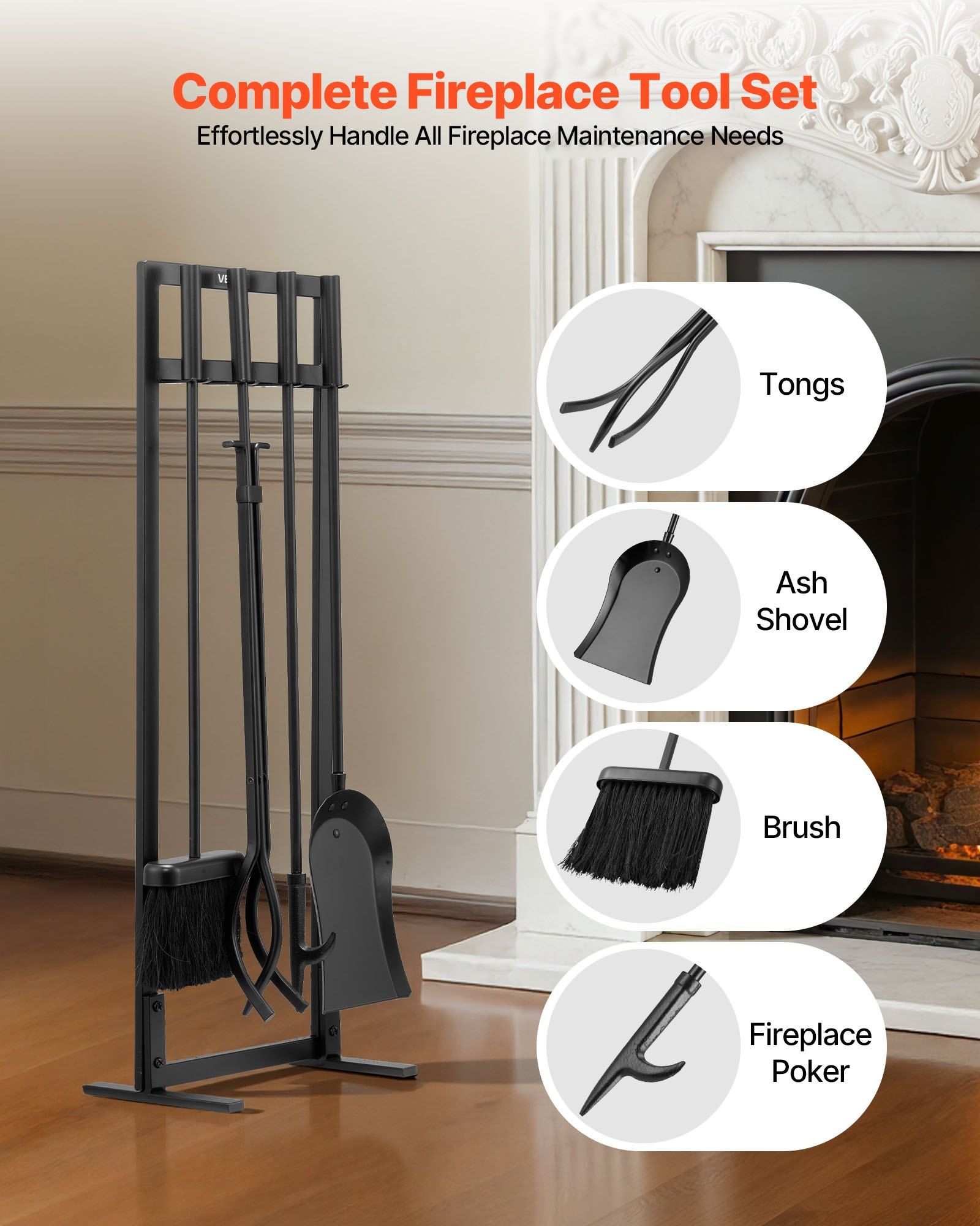 Fireplace Tool Set, 5 PCS Fire Tool Set and Holder with Square-Frame Stand, Tongs, Ash Shovel, Brush, Fire V952-BLGJTJ5JTFKGGFSK1001V0
