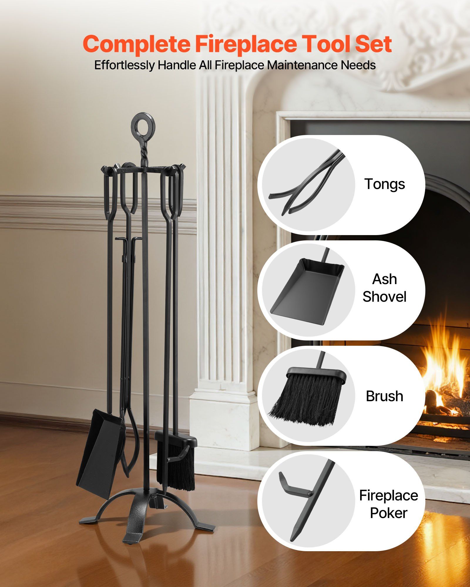 Fireplace Tool Set, 5 PCS Fire Tool Set and Holder with Four-Prong Stand, Tongs, Ash Shovel, Brush, Fire V952-BLGJTJ5JTSZGDJ6II001V0