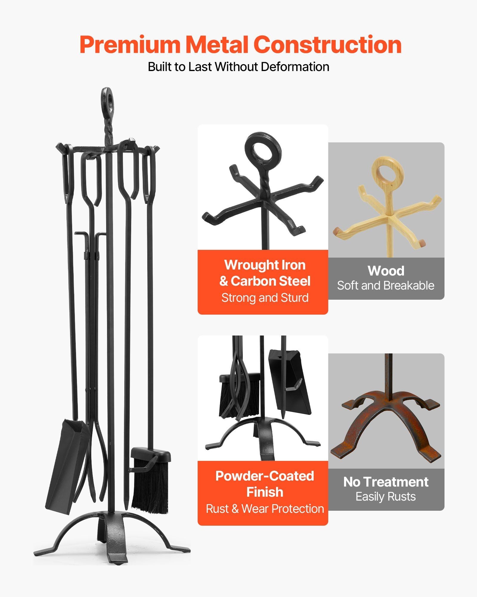 Fireplace Tool Set, 5 PCS Fire Tool Set and Holder with Four-Prong Stand, Tongs, Ash Shovel, Brush, Fire V952-BLGJTJ5JTSZGDJ6II001V0
