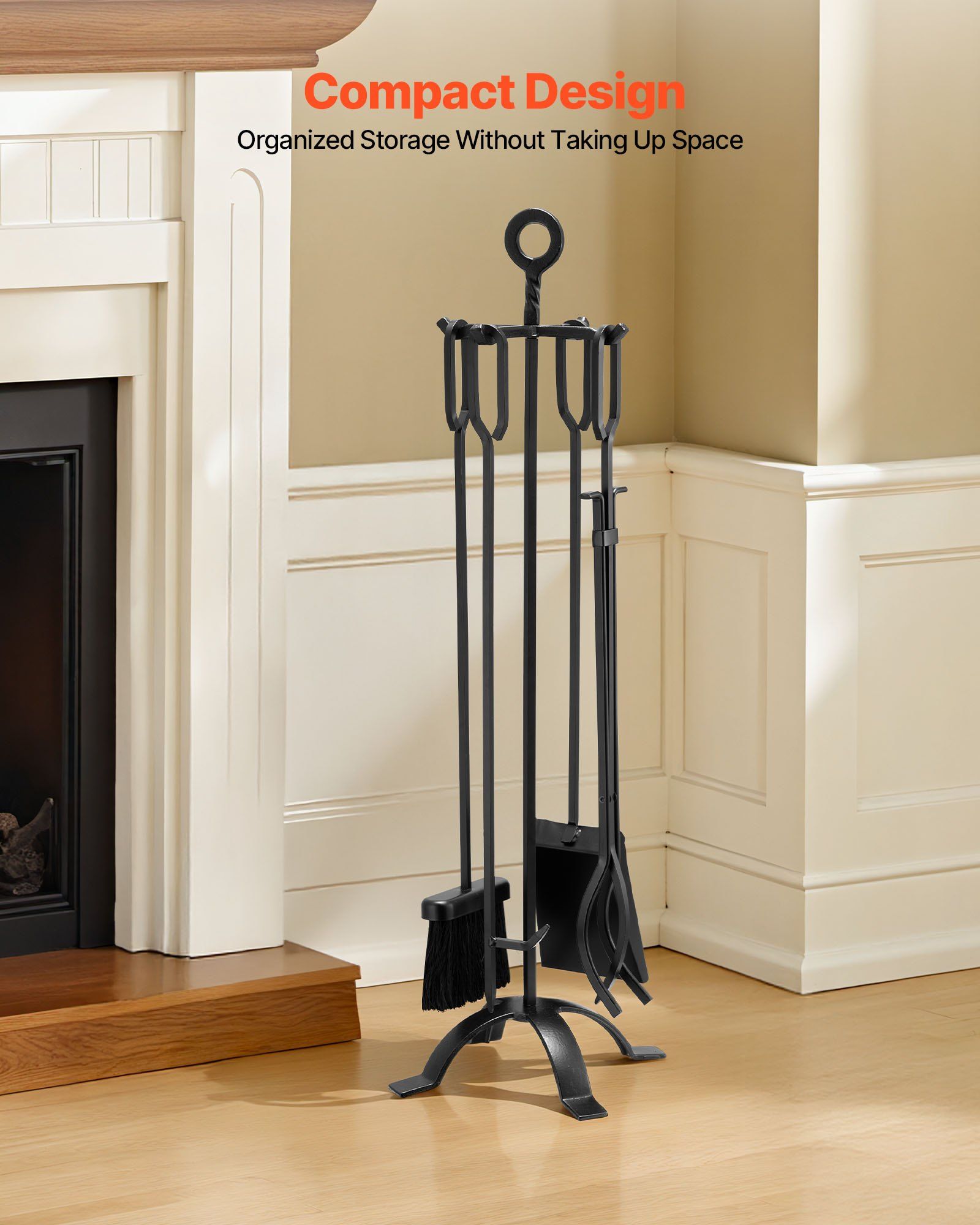 Fireplace Tool Set, 5 PCS Fire Tool Set and Holder with Four-Prong Stand, Tongs, Ash Shovel, Brush, Fire V952-BLGJTJ5JTSZGDJ6II001V0