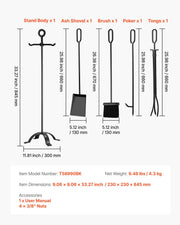 Fireplace Tool Set, 5 PCS Fire Tool Set and Holder with Four-Prong Stand, Tongs, Ash Shovel, Brush, Fire V952-BLGJTJ5JTSZGDJ6II001V0