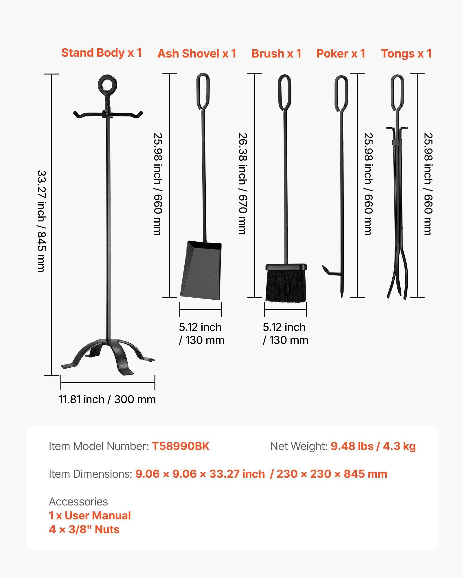 Fireplace Tool Set, 5 PCS Fire Tool Set and Holder with Four-Prong Stand, Tongs, Ash Shovel, Brush, Fire V952-BLGJTJ5JTSZGDJ6II001V0