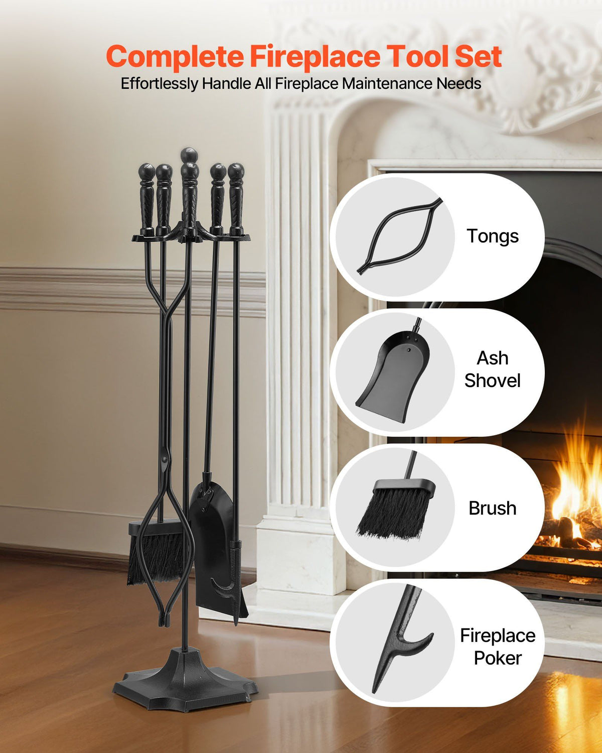 Fireplace Tool Set, 5 PCS Fire Tool Set and Holder with Five-Prong Stand, Tongs, Ash Shovel, Brush, Fire V952-BLGJTJ5JTWZG9M137001V0