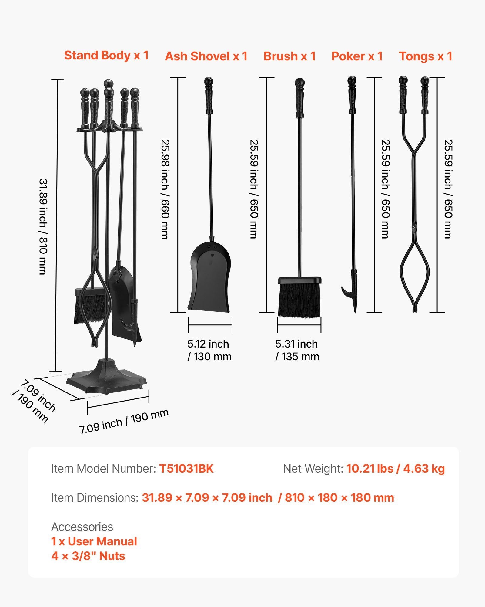 Fireplace Tool Set, 5 PCS Fire Tool Set and Holder with Five-Prong Stand, Tongs, Ash Shovel, Brush, Fire V952-BLGJTJ5JTWZG9M137001V0