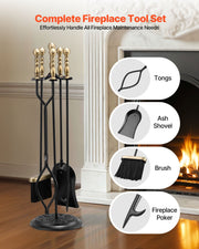 Fireplace Tool Set, 5 PCS Fire Tool Set and Holder with Five-Prong Stand, Tongs, Ash Shovel, Brush, Fire V952-BLGJTJ5JTWZGPZ6MX001V0