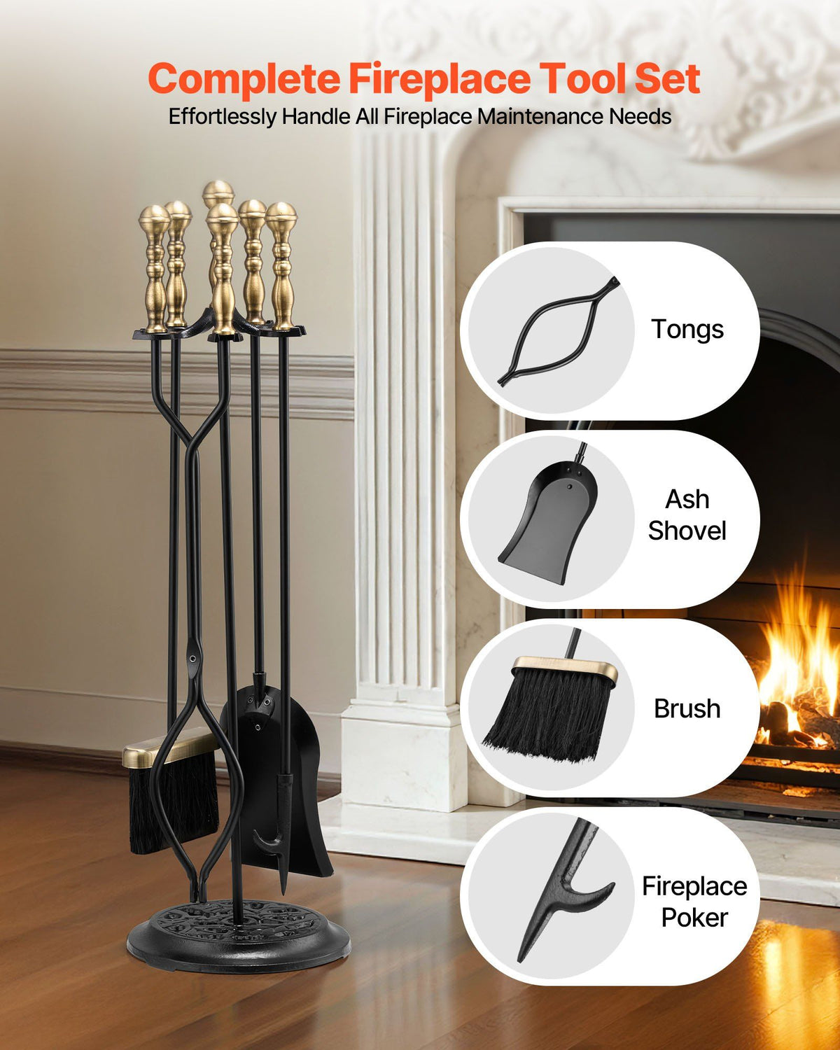 Fireplace Tool Set, 5 PCS Fire Tool Set and Holder with Five-Prong Stand, Tongs, Ash Shovel, Brush, Fire V952-BLGJTJ5JTWZGPZ6MX001V0
