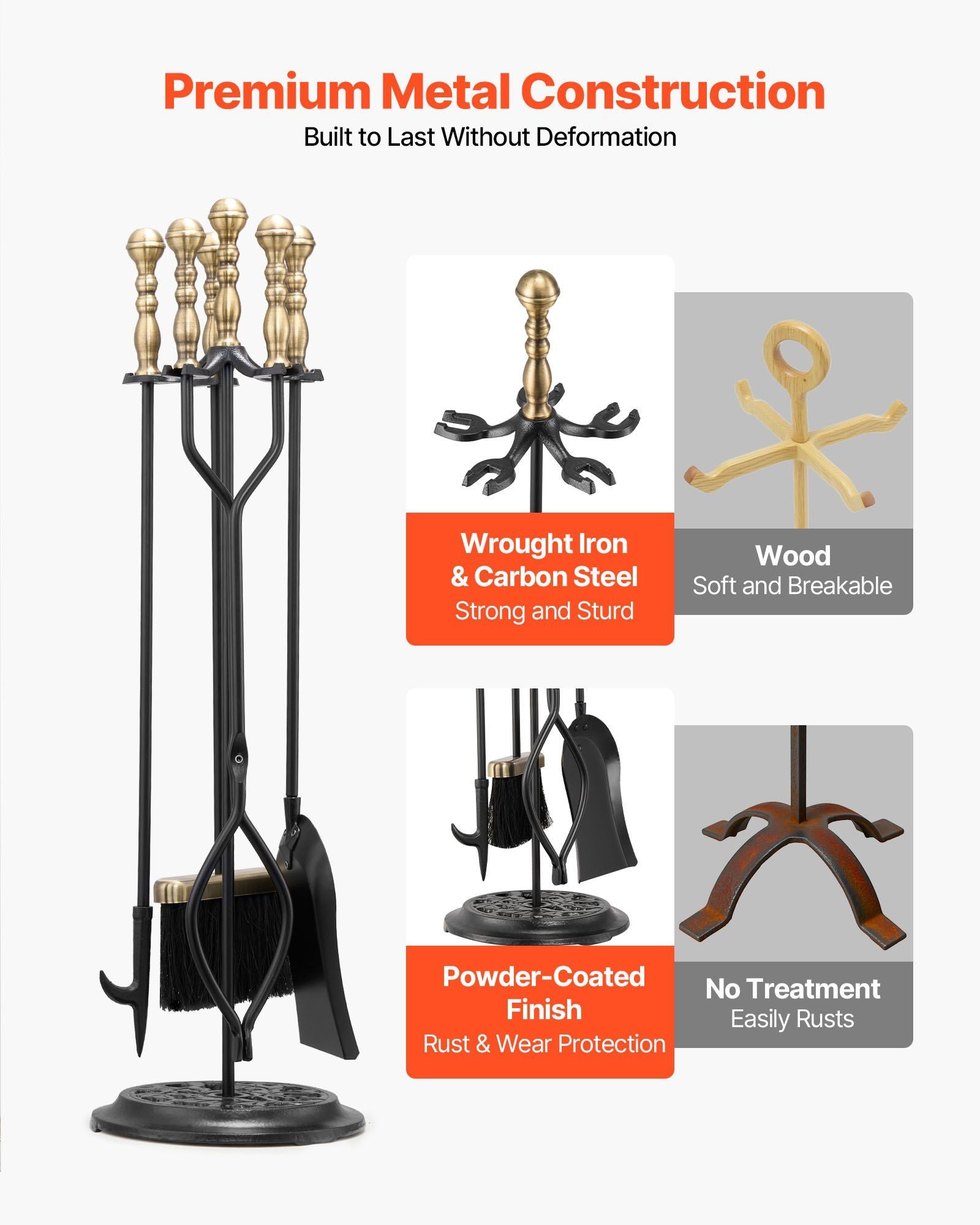 Fireplace Tool Set, 5 PCS Fire Tool Set and Holder with Five-Prong Stand, Tongs, Ash Shovel, Brush, Fire V952-BLGJTJ5JTWZGPZ6MX001V0