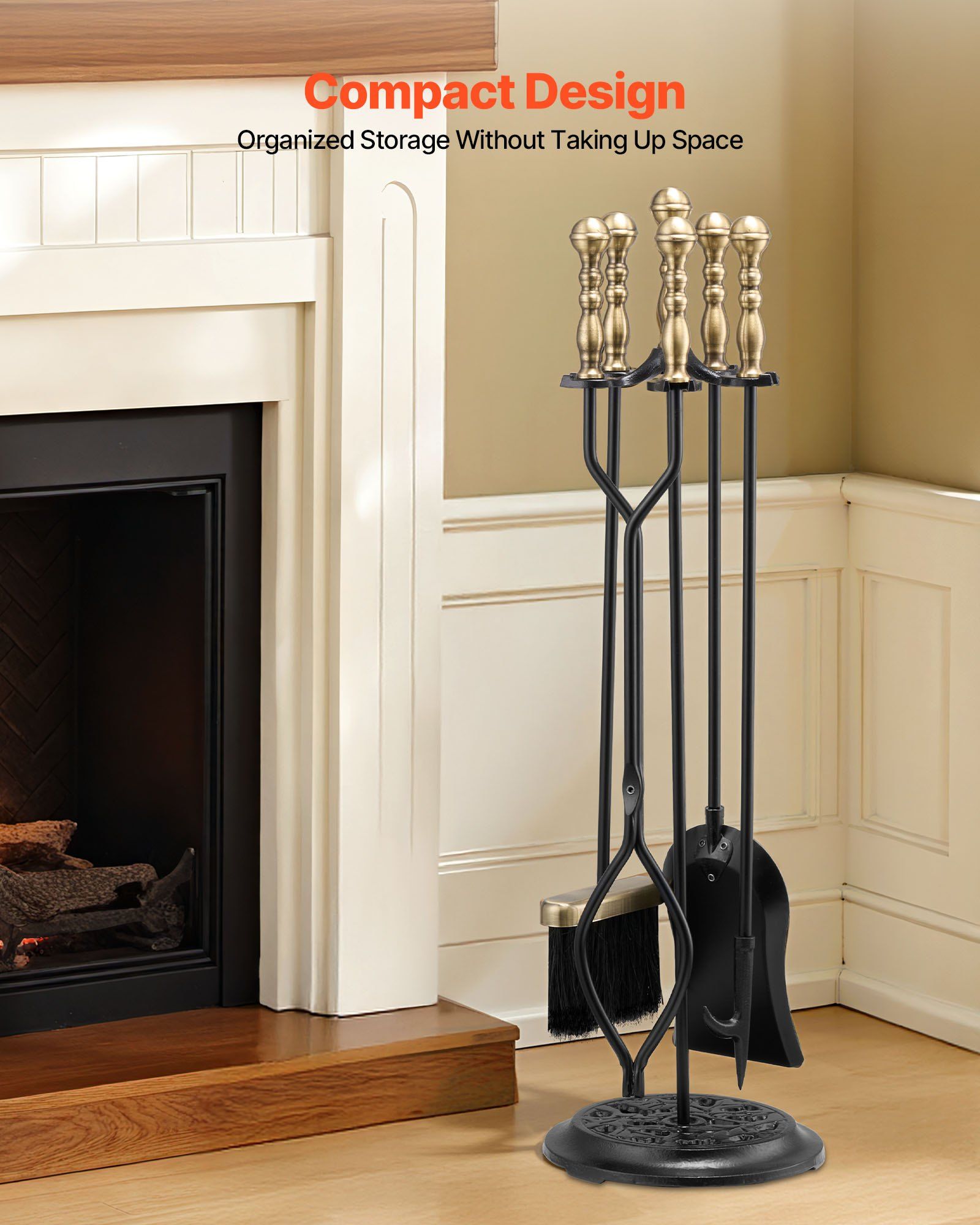 Fireplace Tool Set, 5 PCS Fire Tool Set and Holder with Five-Prong Stand, Tongs, Ash Shovel, Brush, Fire V952-BLGJTJ5JTWZGPZ6MX001V0