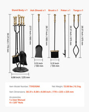 Fireplace Tool Set, 5 PCS Fire Tool Set and Holder with Five-Prong Stand, Tongs, Ash Shovel, Brush, Fire V952-BLGJTJ5JTWZGPZ6MX001V0