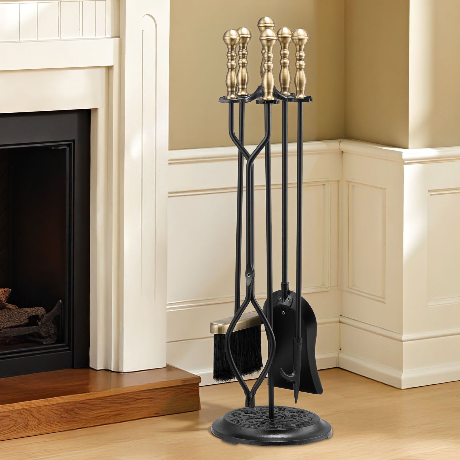 Fireplace Tool Set, 5 PCS Fire Tool Set and Holder with Five-Prong Stand, Tongs, Ash Shovel, Brush, Fire V952-BLGJTJ5JTWZGPZ6MX001V0