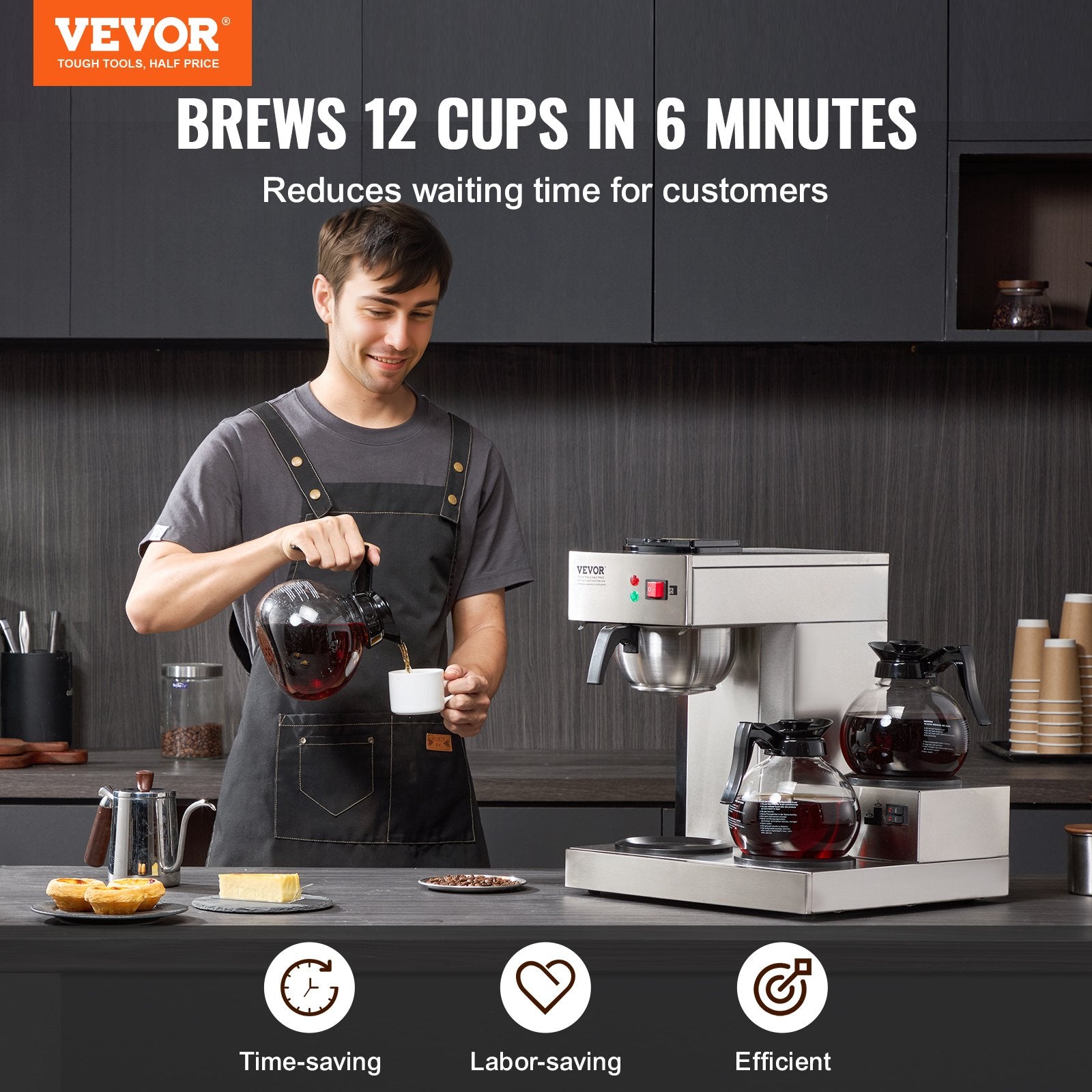 12 Cups Commercial Drip Coffee Maker with 3 Glass Carafes and 3 Warmers V952-BLHSYMSKFJ3GTVTPSV3