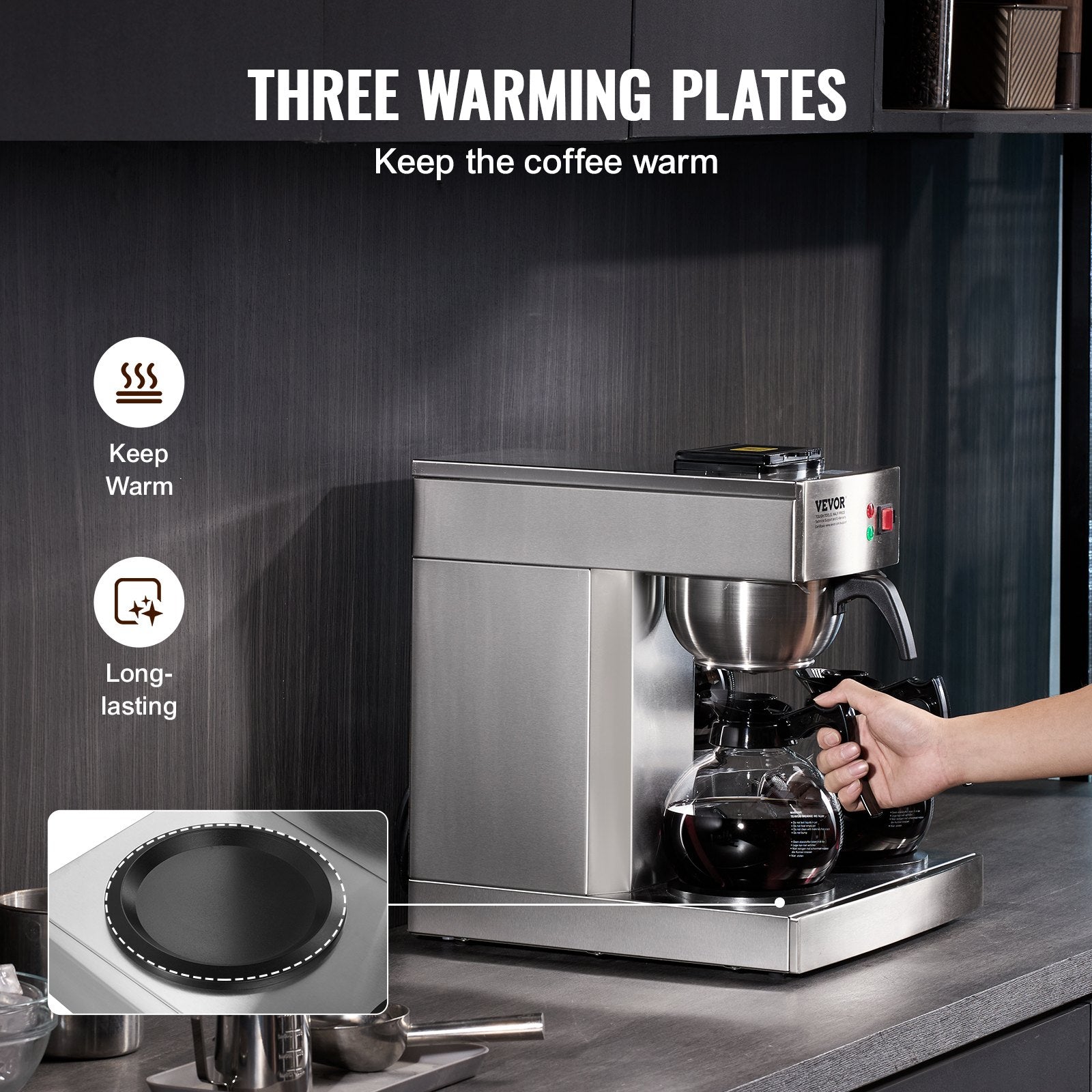 12 Cups Commercial Drip Coffee Maker with 3 Glass Carafes and 3 Warmers V952-BLHSYMSKFJ3GTVTPSV3