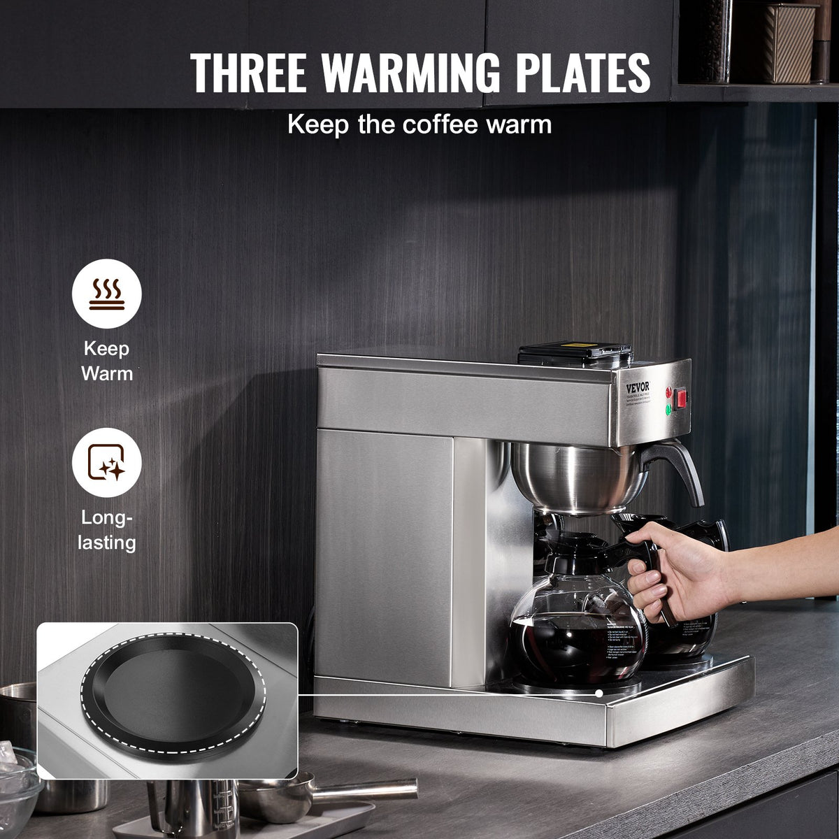 12 Cups Commercial Drip Coffee Maker with 3 Glass Carafes and 3 Warmers V952-BLHSYMSKFJ3GTVTPSV3