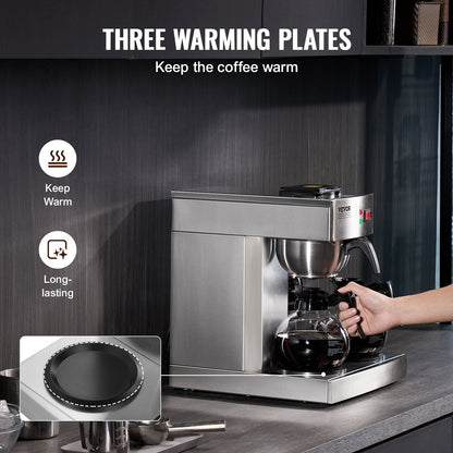 12 Cups Commercial Drip Coffee Maker with 3 Glass Carafes and 3 Warmers V952-BLHSYMSKFJ3GTVTPSV3