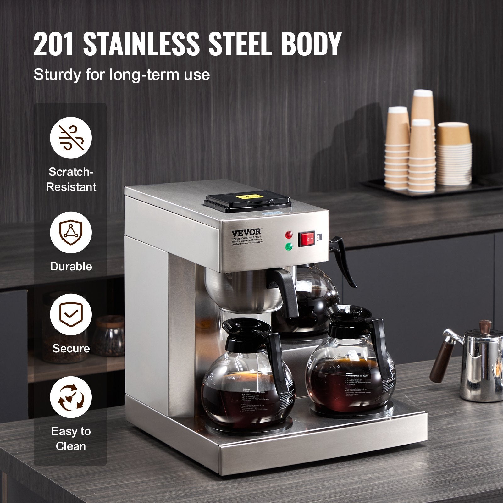 12 Cups Commercial Drip Coffee Maker with 3 Glass Carafes and 3 Warmers V952-BLHSYMSKFJ3GTVTPSV3