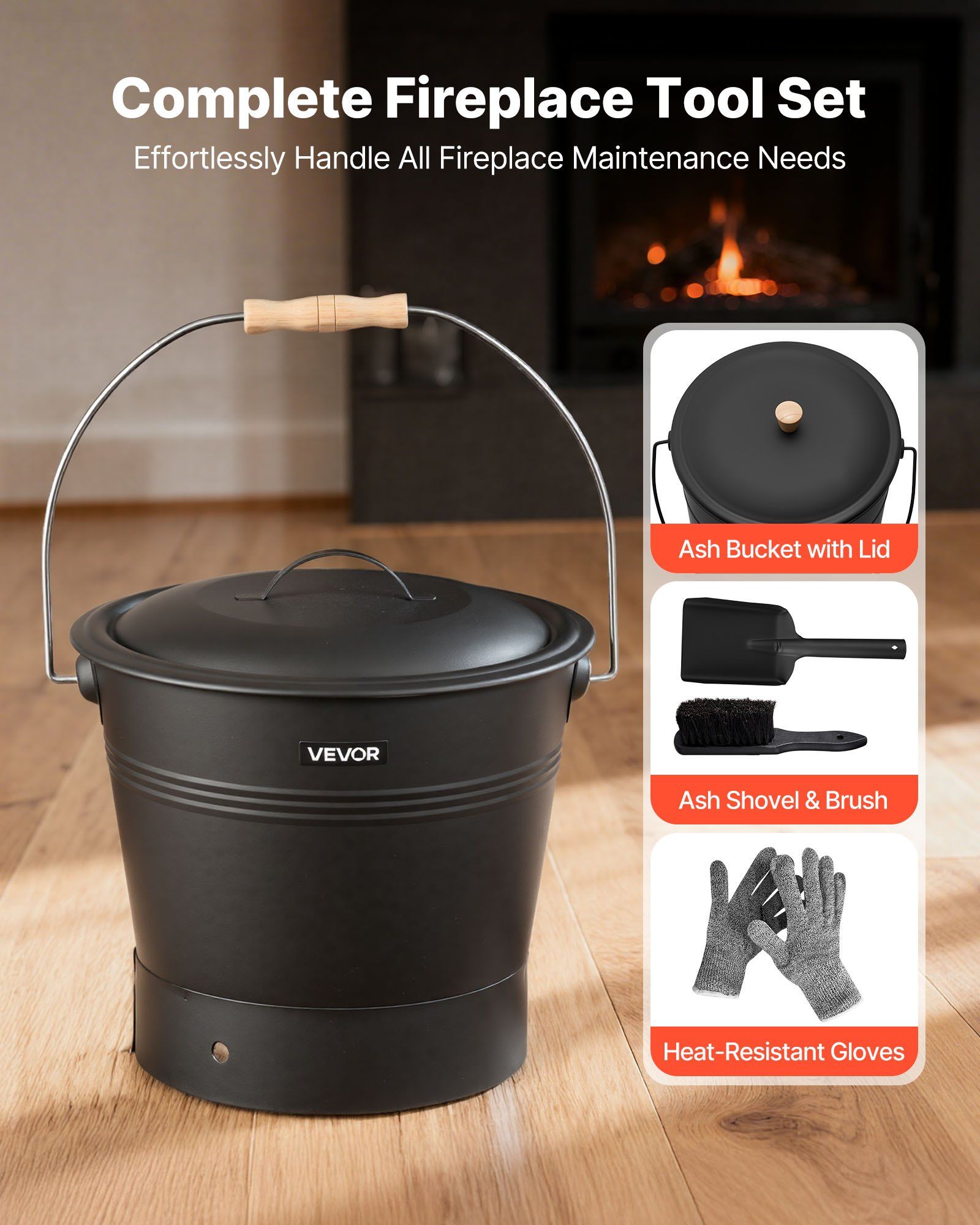 Ash Bucket, 4 PCS with Lid, Shovel, Broom and Gloves, Metal Fireplace Charcoal Bucket and Ash Can, 9.8L Large V952-BLHT4JTDGYXTGG4LL001V0