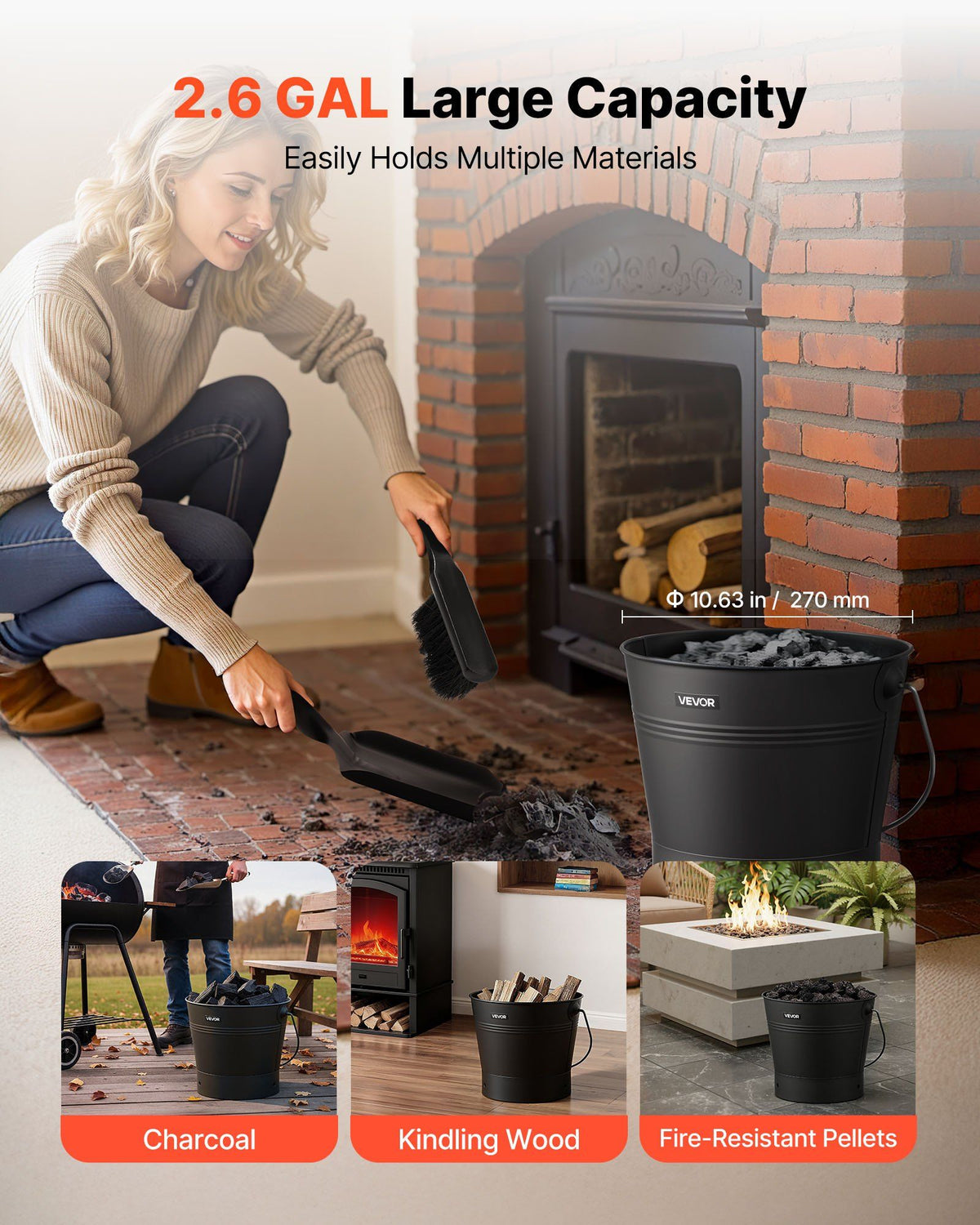 Ash Bucket, 4 PCS with Lid, Shovel, Broom and Gloves, Metal Fireplace Charcoal Bucket and Ash Can, 9.8L Large V952-BLHT4JTDGYXTGG4LL001V0