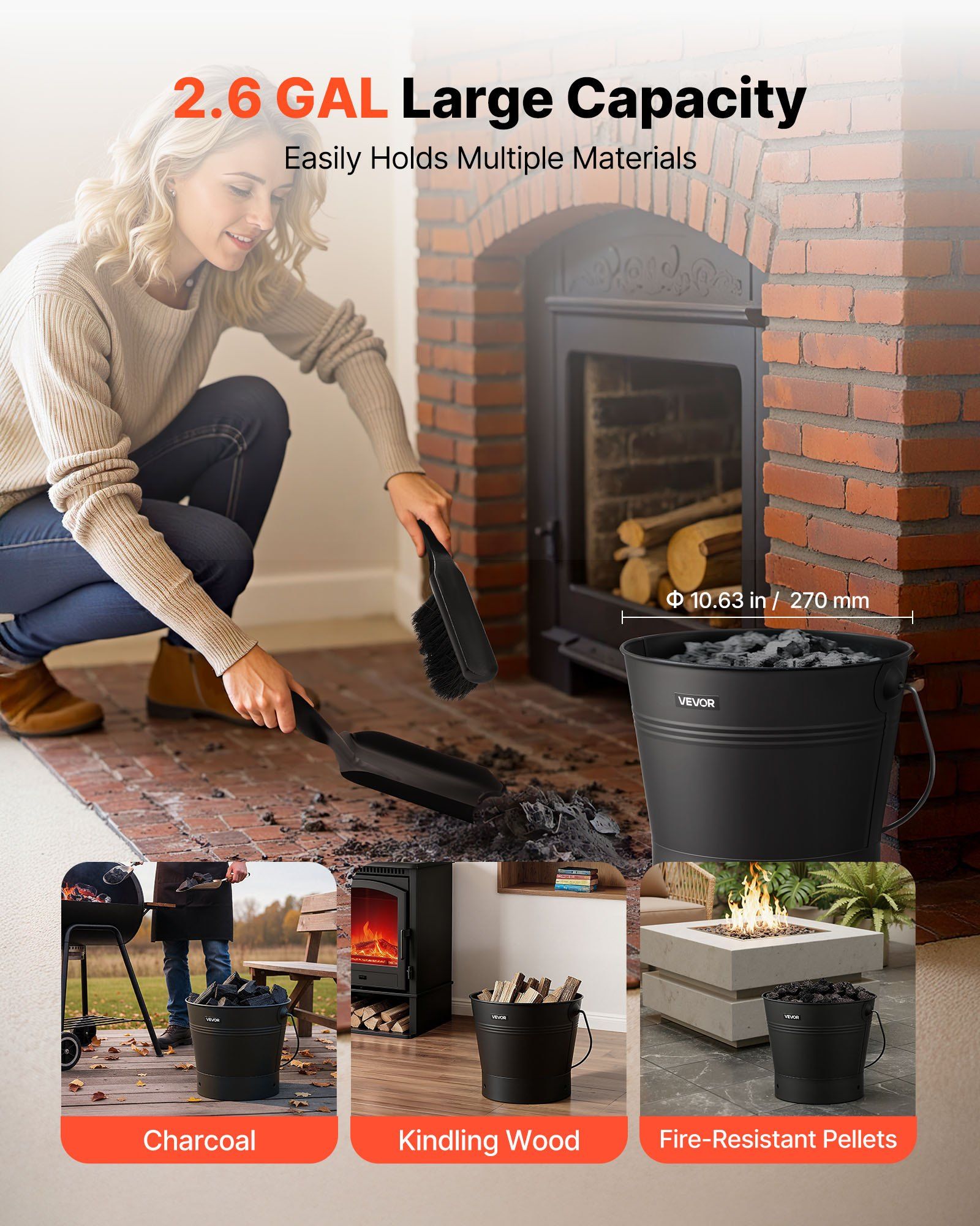 Ash Bucket, 4 PCS with Lid, Shovel, Broom and Gloves, Metal Fireplace Charcoal Bucket and Ash Can, 9.8L Large V952-BLHT4JTDGYXTGG4LL001V0