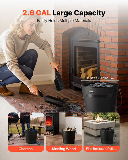 Ash Bucket, 4 PCS with Lid, Shovel, Broom and Gloves, Metal Fireplace Charcoal Bucket and Ash Can, 9.8L Large V952-BLHT4JTDGYXTGG4LL001V0