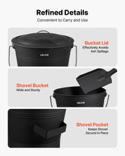 Ash Bucket, 4 PCS with Lid, Shovel, Broom and Gloves, Metal Fireplace Charcoal Bucket and Ash Can, 9.8L Large V952-BLHT4JTDGYXTGG4LL001V0