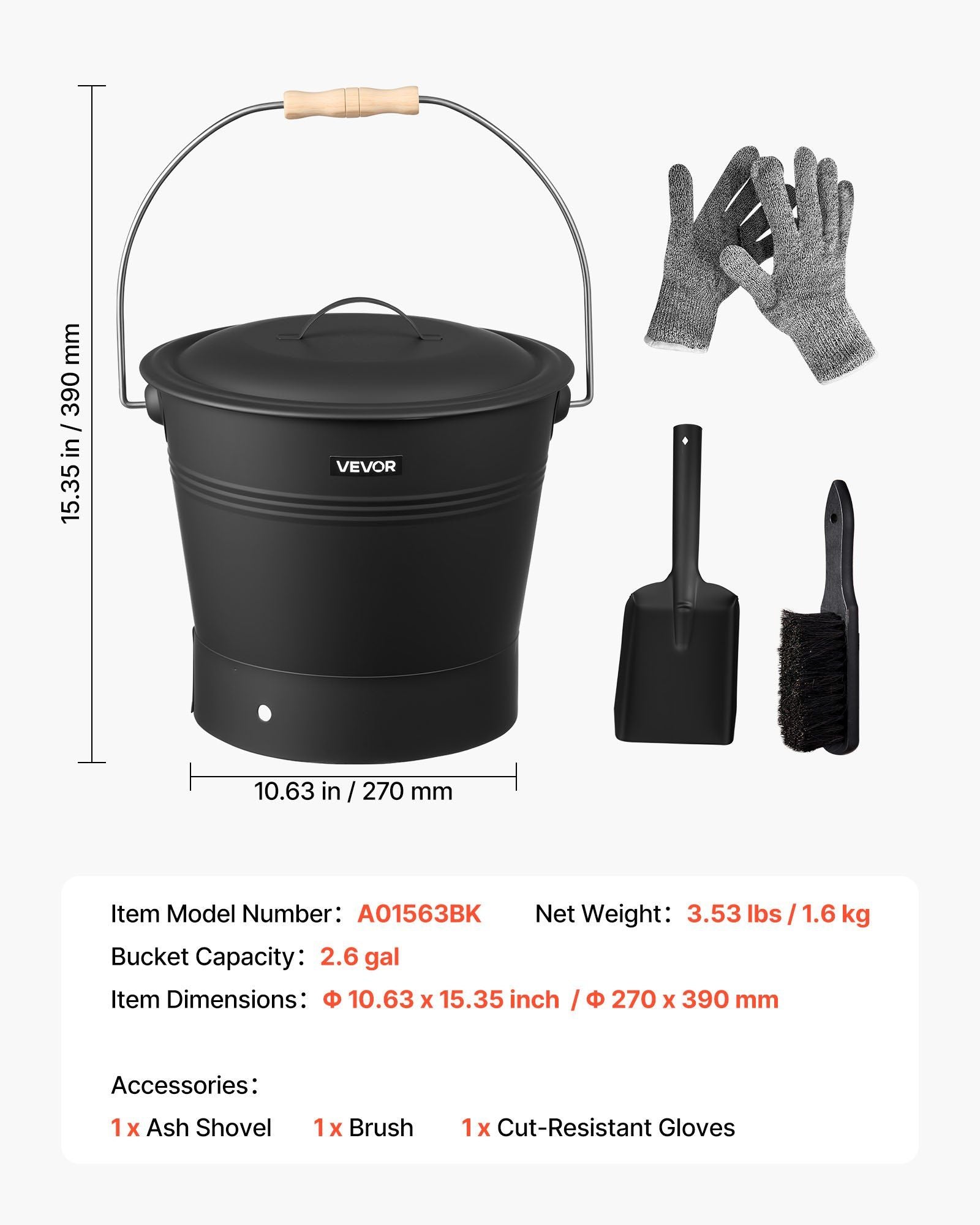 Ash Bucket, 4 PCS with Lid, Shovel, Broom and Gloves, Metal Fireplace Charcoal Bucket and Ash Can, 9.8L Large V952-BLHT4JTDGYXTGG4LL001V0