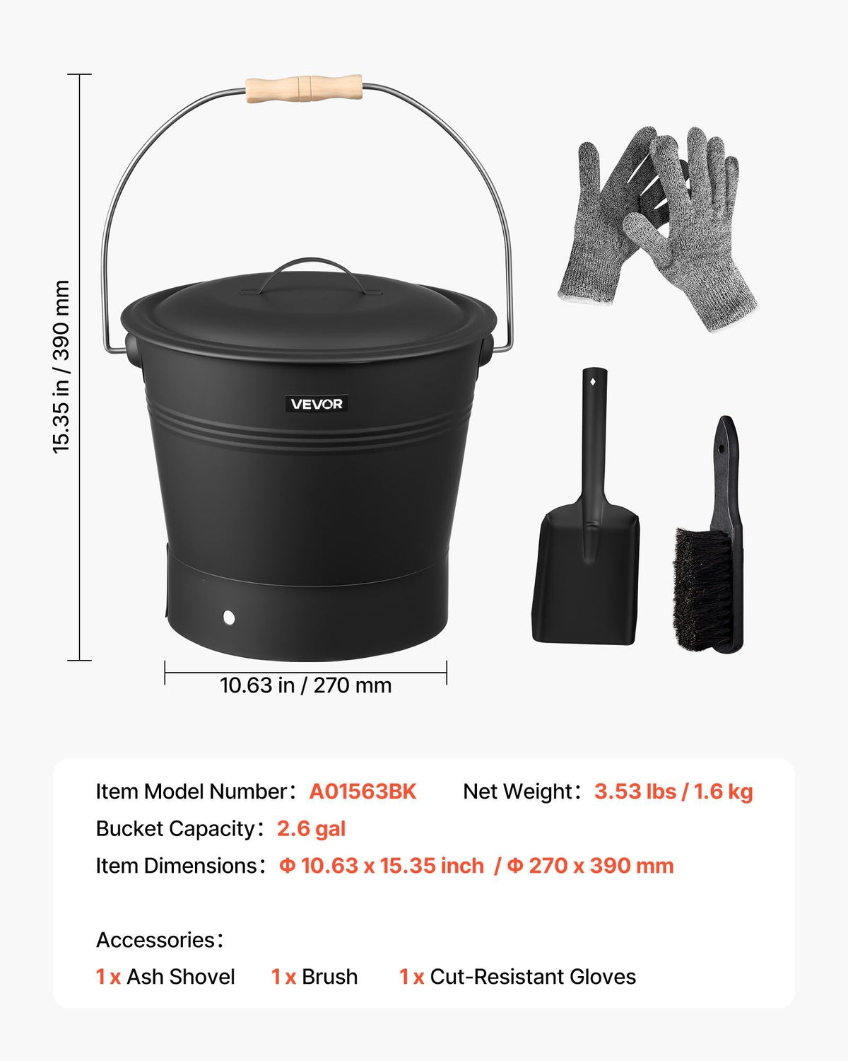Ash Bucket, 4 PCS with Lid, Shovel, Broom and Gloves, Metal Fireplace Charcoal Bucket and Ash Can, 9.8L Large V952-BLHT4JTDGYXTGG4LL001V0