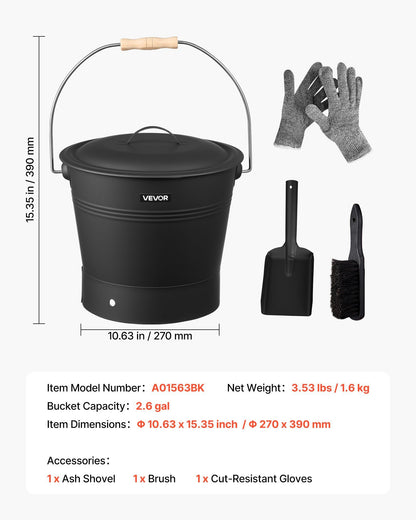 Ash Bucket, 4 PCS with Lid, Shovel, Broom and Gloves, Metal Fireplace Charcoal Bucket and Ash Can, 9.8L Large V952-BLHT4JTDGYXTGG4LL001V0