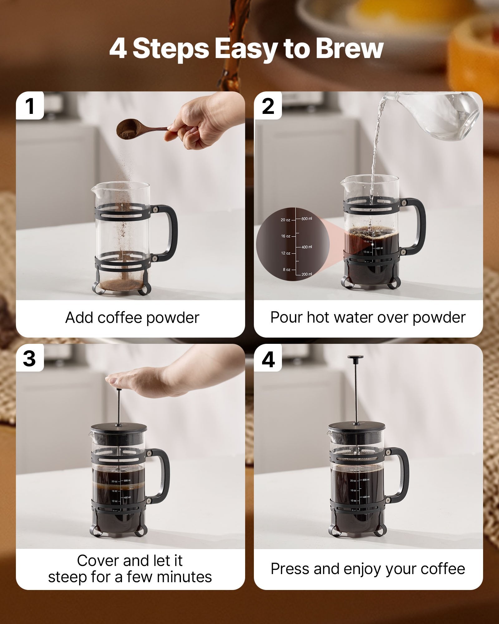 French Press Coffee Maker, 1 Liter Borosilicate Glass Coffee Press Tea Maker with Stainless Steel Filter, V952-BLKFYHBLHS1LJILTH001V0