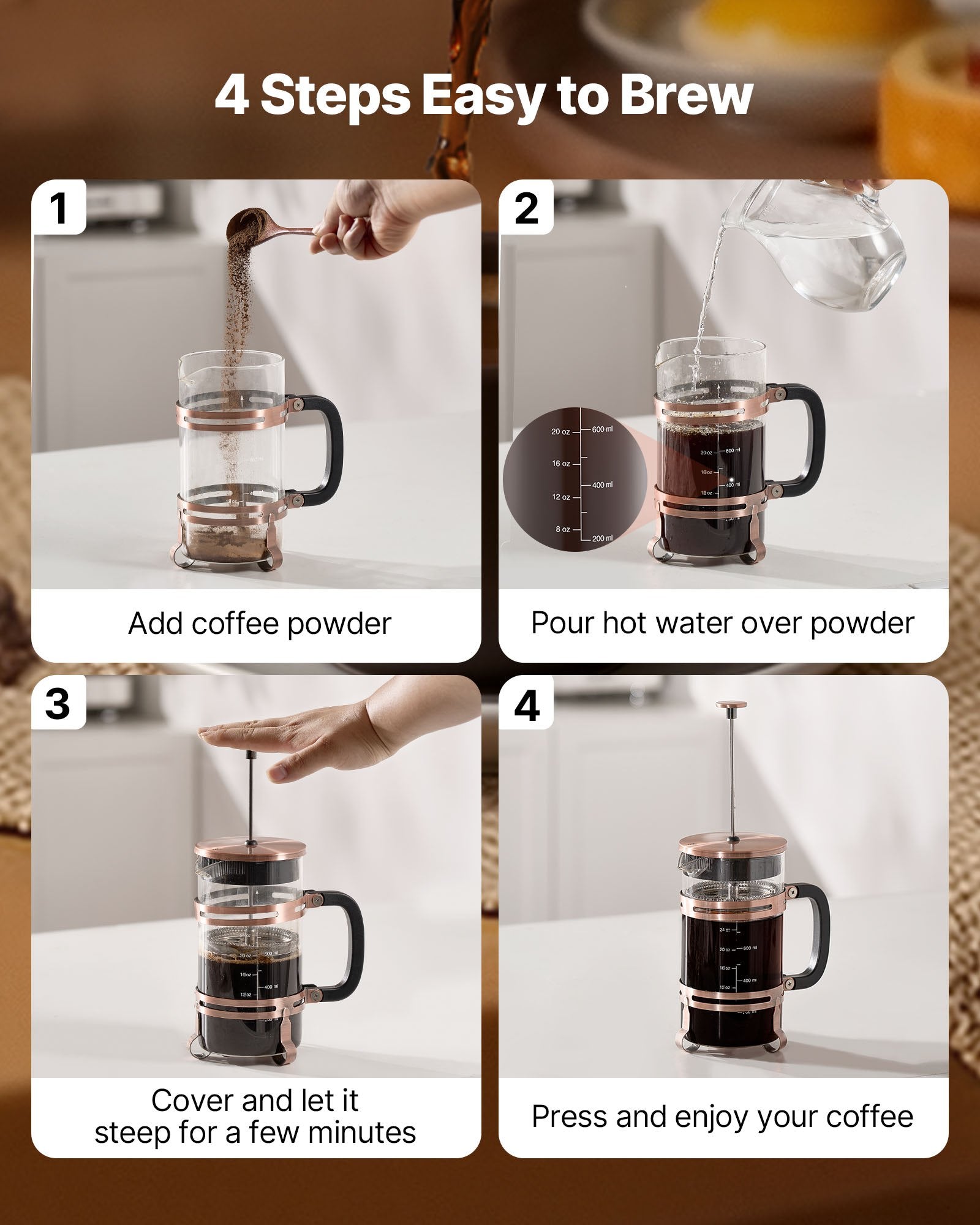 French Press Coffee Maker, 1 Liter Borosilicate Glass Coffee Press Tea Maker with Stainless Steel Filter, V952-BLKFYHBLTS1LRMG1V001V0